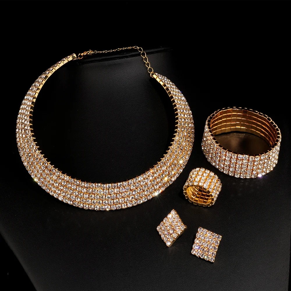 2023 New Luxury Romantic Crystal Wedding Jewelry Sets Silver Color Bridal Necklace Earrings Bracelets Ring Sets For Women W001