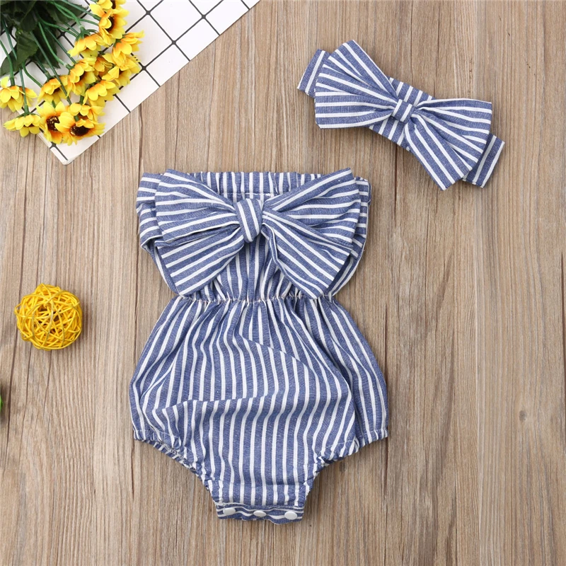 Newborn Baby Girl Bow Striped Bodysuit Jumpsuit Headband 2Pcs Toddler Kids Summer Outfit Rompers Playsuit Cotton Holiday Sunsuit