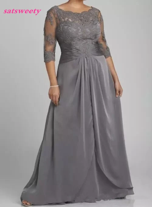 Stile popolare Plus Size grigio madre della sposa abito 3/4 manica scollo tondo pizzo Chiffon lunghezza del pavimento abiti formali