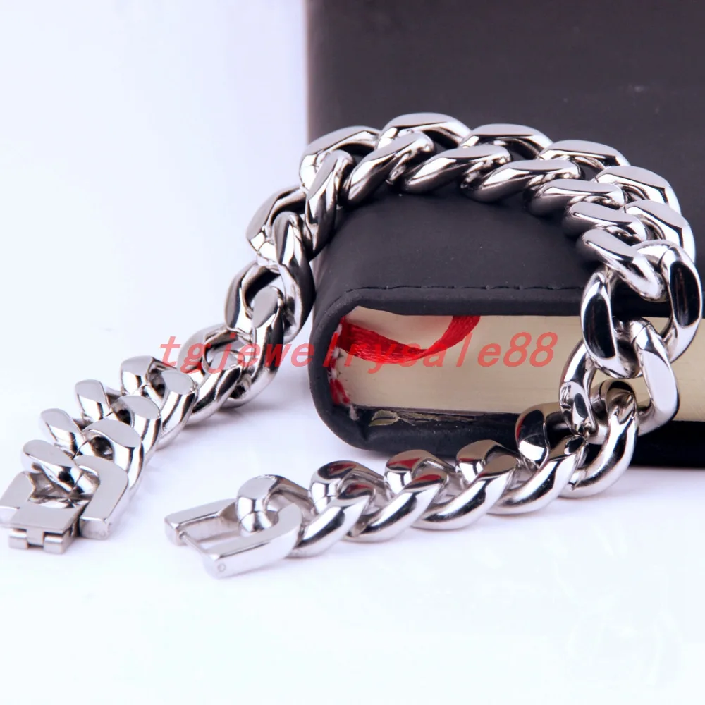 15mm Wide Top Polishing Silver Color 7-11inches Option Stainless Steel Cuban Curb Link Chain Bracelet Bangle Biker Men's Jewelry