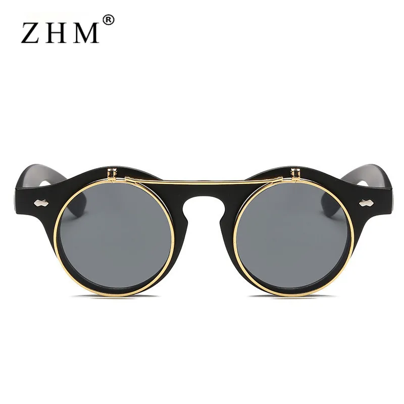 Fashion Vintage Round Steam Punk Flip Up Sunglasses Classic Double Layer Clamshell Design Gothic Sun Glasses Oculos De Sol