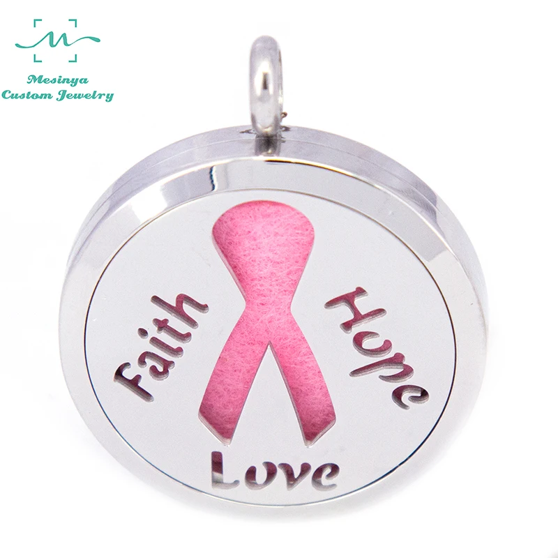 

10pcs mesinya Pink Ribbon Awareness 1.18''(30mm) Aromatherapy/Essential Oils 316L S.Steel Perfume Diffuser Locket Necklace