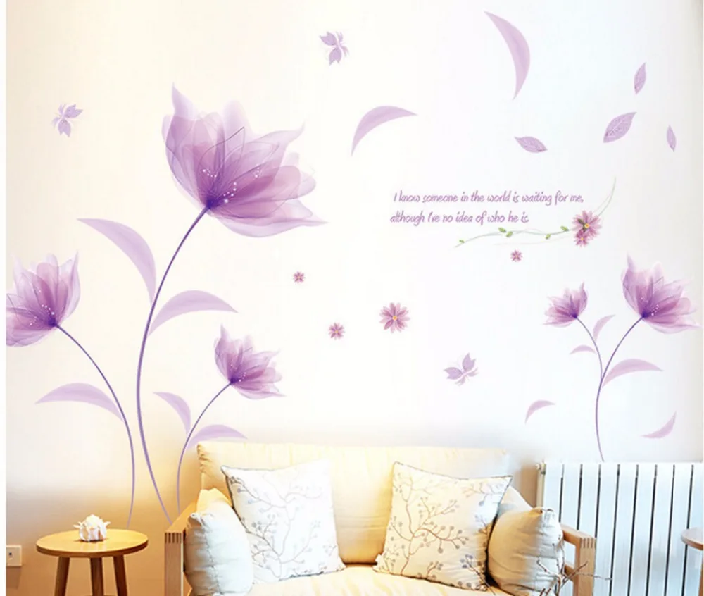 

New Romantic Elegant Frosted Pink Lily Flower Petal Removable Wall Sticker Bedroom Living Room Home DIY