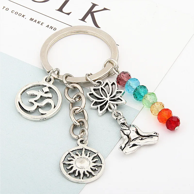 1pc Rainbow Symbol Keyring Silver Color Keychain Yoga Chakra Key Chains Sun Charms Lotus Ohm Jewelry E1652