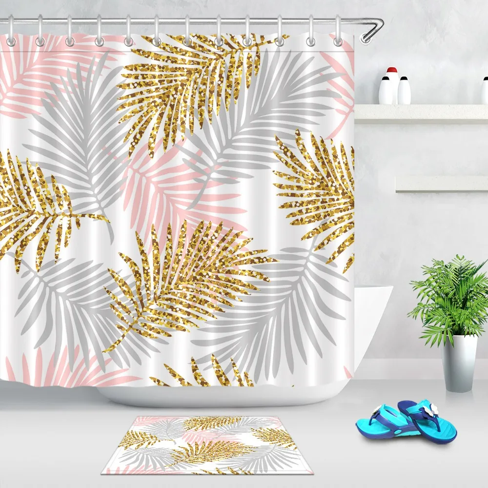 Tropical Monstera Leaves And Gold Glitter White Shower Curtain With Mat Set Bathroom Waterproof Fabric For Art Bathtub Decor