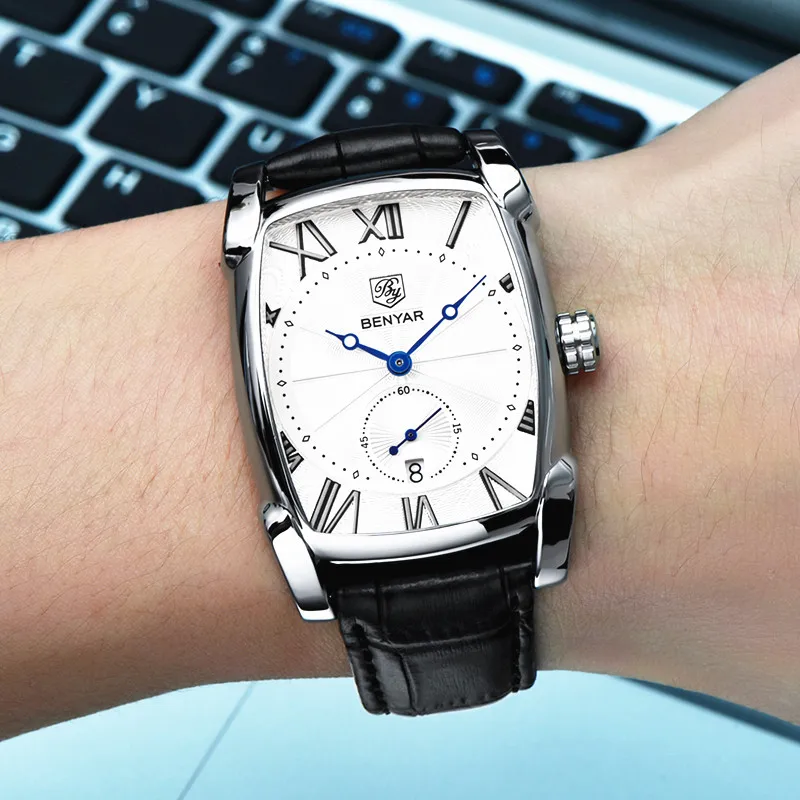 Benyar – montre en cuir pour hommes, marque de luxe, étanche, style militaire, horloge masculine, Erkek Kol Saati Relogio, 2023