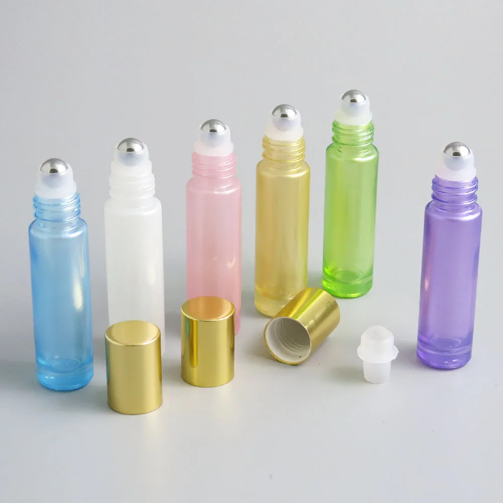 24pcs x 10ml Roll on Bottles Mini Essential Oils Glass/Metal Roller Sample Bottle Blue Pink White Purple Yellow  Wholesale