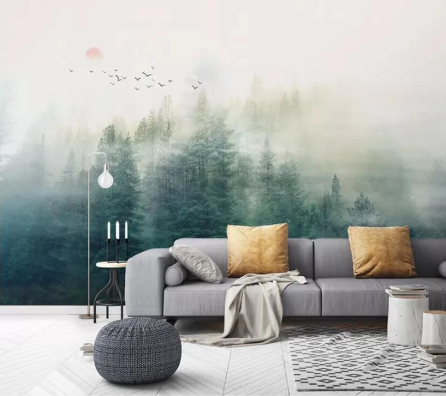 

Decorative wallpaper Fog pine cloud far mountain flying bird background wall paper mural