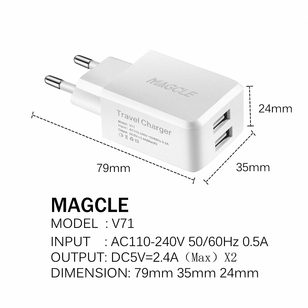 Magcle الاتحاد الأوروبي/الولايات المتحدة الجدار شاحن 5 فولت/2.4A المزدوج USB شاحن السفر موبلي مهايئ شاحن الهاتف للهاتف المحمول + 2A Magcle كابل
