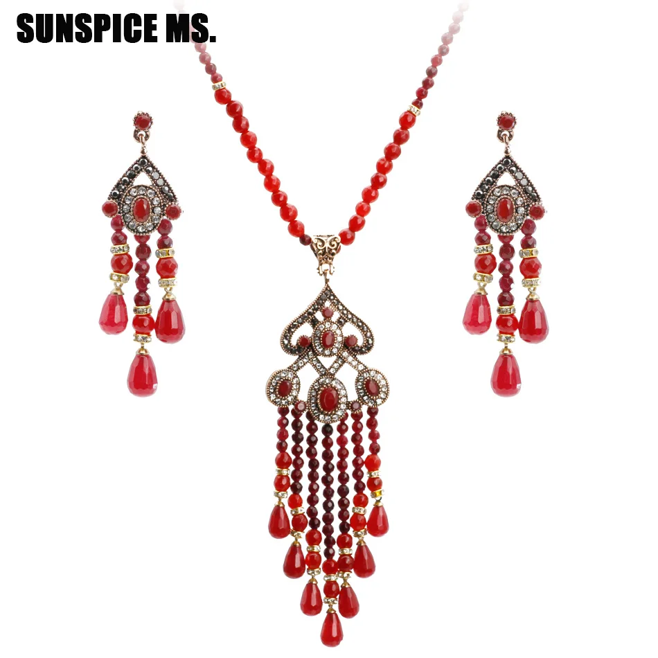 Bohemia Natural Stone Bead Wedding Jewelry Sets Antique Gold Color Long Tassel Drop Earrings Flower Pendant Necklace Turkish New