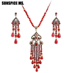 Bohemia Natural Stone Bead Wedding Jewelry Sets Antique Gold Color Long Tassel Drop Earrings Flower Pendant Necklace Turkish New