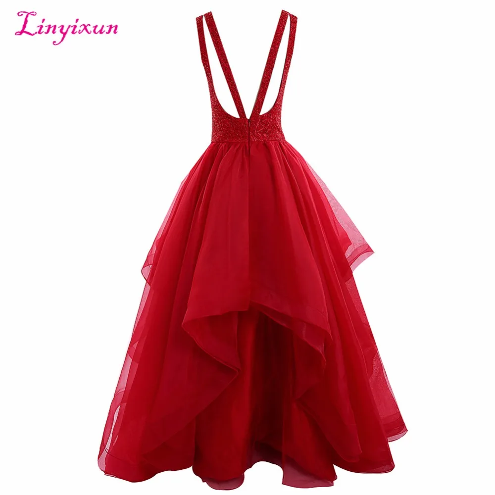 Linyixun Real Photo Scoop Ball Gown Prom Dresses 2020 Beaded Organza Sleeveless Backless Evening Gown Court Train Robe de festa