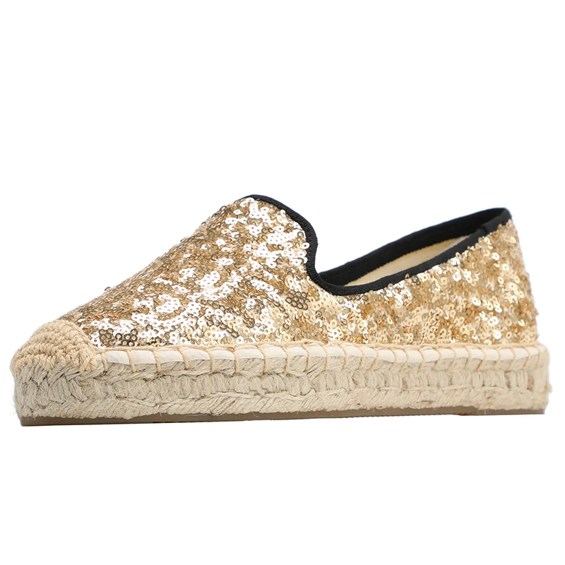 DZYM Spring Summer Sequined Cloth Women Flats Luxury Design Golden Sneakers Grass Woven Fisherman Shoes Loafers Espadrilles