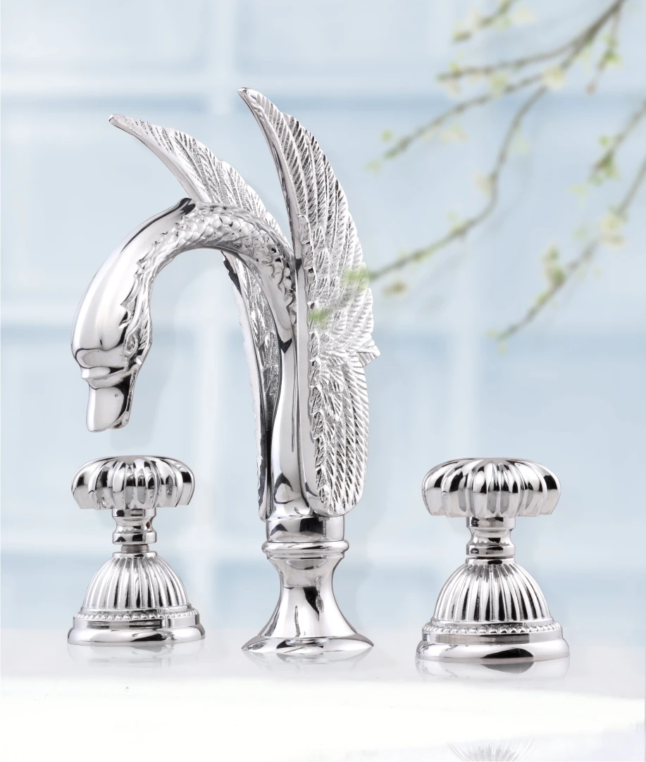 Free ship Chrome Color 3 PCS WIDESPREAD Classic SWAN SINK FAUCET Deck Mounted Ring handles