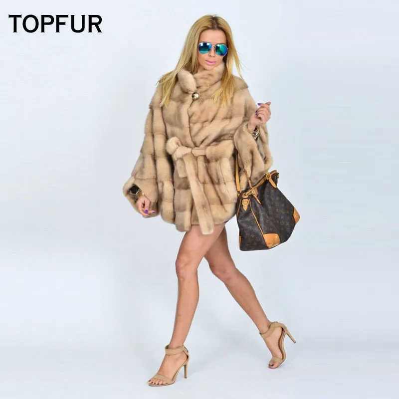 TOPFUR-abrigo de piel de visón para mujer, abrigo grueso y cálido de 70 Cm de largo con cinturón, chaquetas de piel para Otoño e Invierno