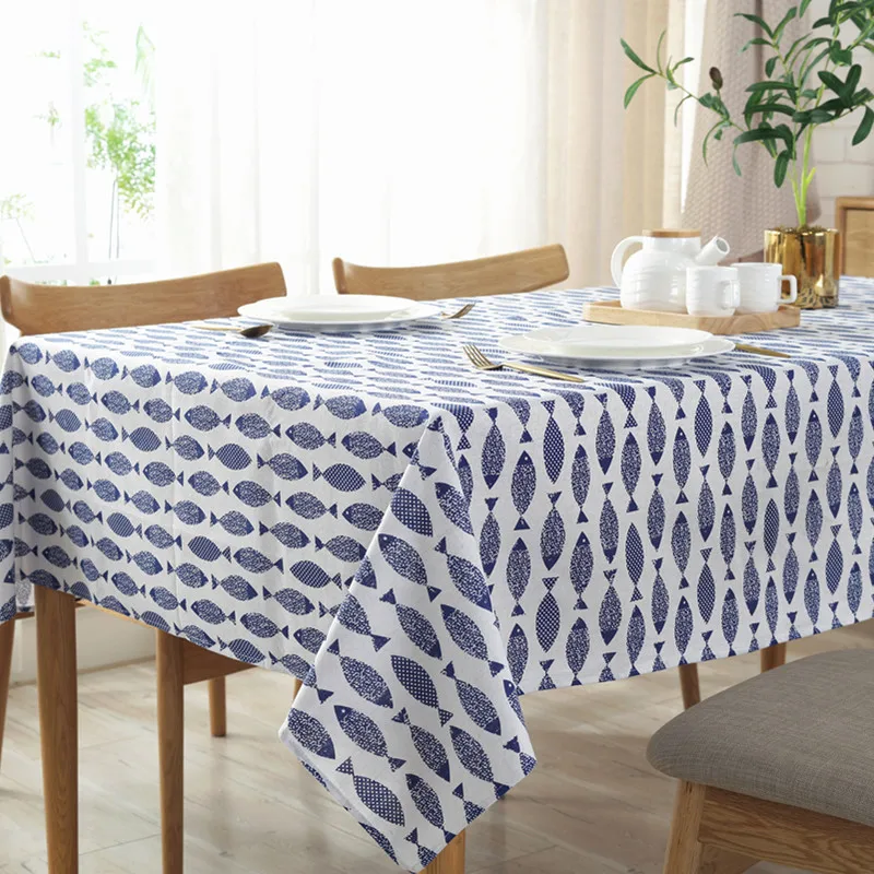 Thicken Cotton Linen Tablecloth Simple Blue Fish Print Cover Japanese Style Washable Table Cloth for Wedding Tea Table