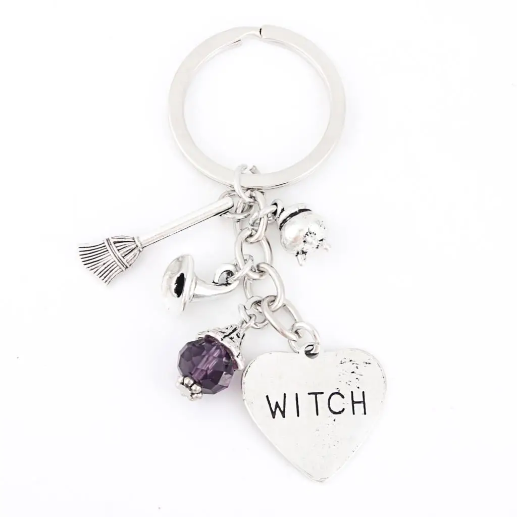 1Pc Halloween Sorcerer Witch Keychain Broom Purple Bead Pendant Keyholder Fit Car Handbag Jewelry Supplies E2700