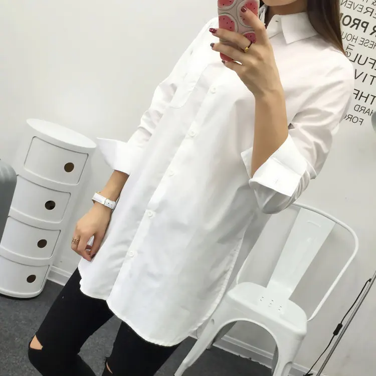 Casual Long Blouse  Womens Boyfriend White Tops Fashion Full Sleeve Turn-Down Collar Plus Size Loose Contton Shirts