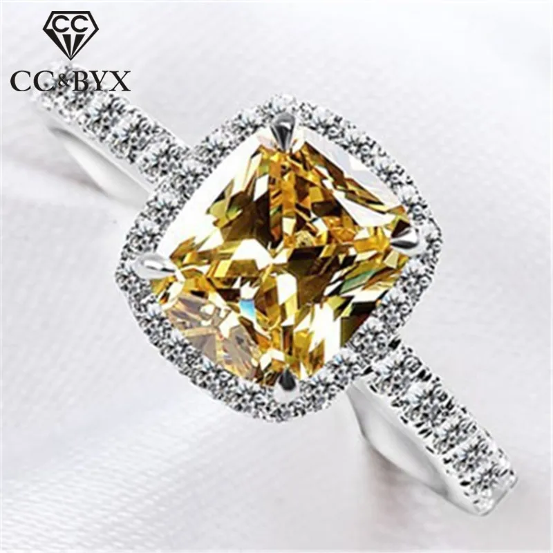 CC Rings For Women Yellow Square Stone Sterling Silver Color Wedding Engagement Ring Bridal Jewelry Anillos Mujer CC594