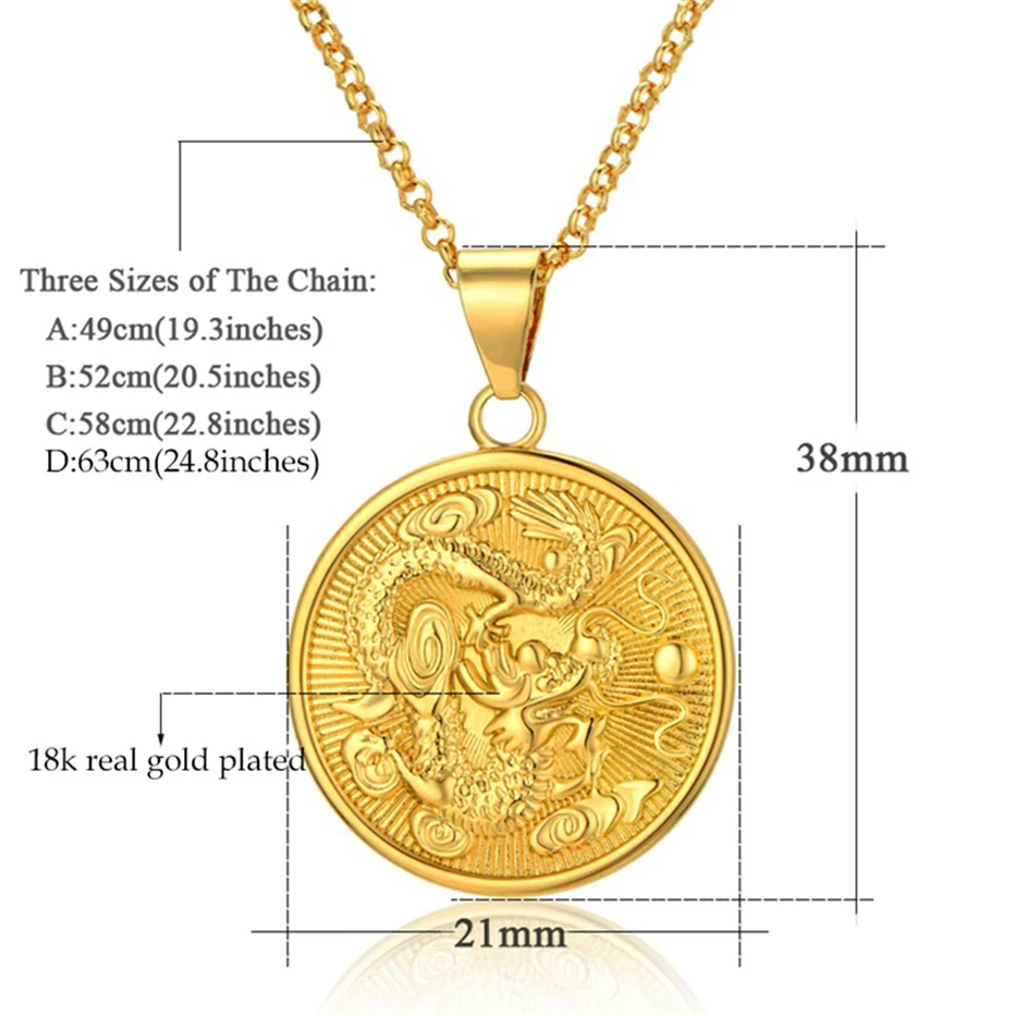 Vintage Jewelry Dragon Necklace Golden Trendy Biker Pendant & Chain For Men/Women Punk Gift Gold Color 19-25inch neclace