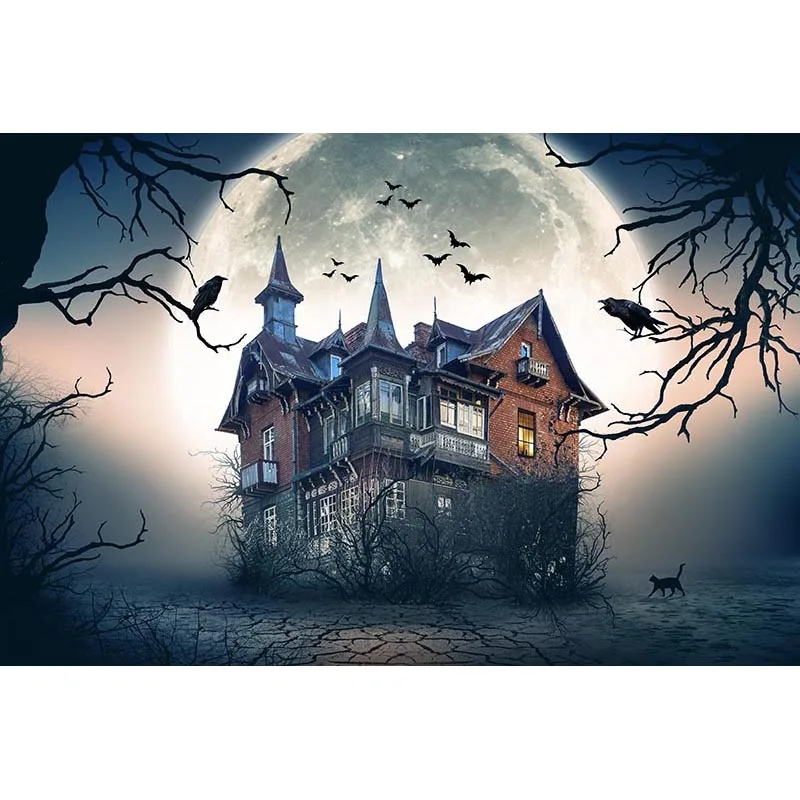 Gloomy Night Full Moon Halloween Party Backdrop Printed House Trees Branches Crow Kids Children Stage Photo Booth Background