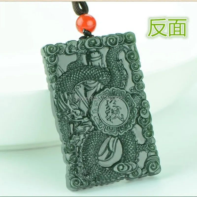 Nature gray jade Amulet both sides Carven Guanyu Dragon Pendant Necklace talisman