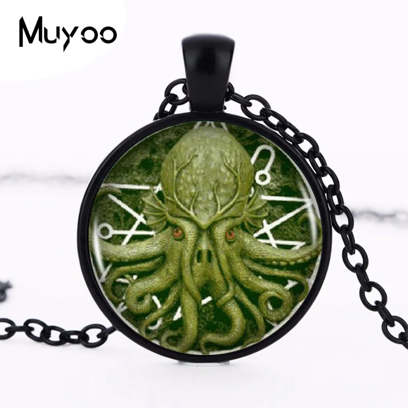 New Arrival Pentagram Kraken Cthulhu Pendant Necklace Glass Cabochon Long Sliver Chain Statement Necklace Fine Jewelry HZ1