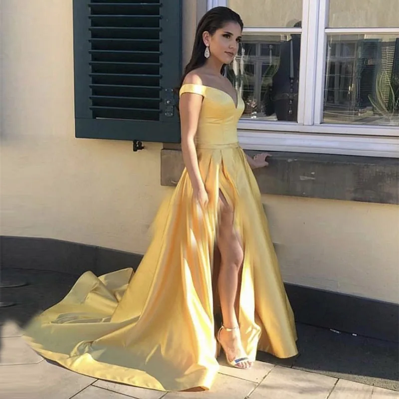 Sexy Prom Dresses Side Split Off The Shoulder Yellow Satin Long Evening Party Gowns A Line Women Formal Dress Robe De Soiree