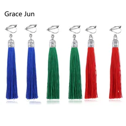 GRACE JUN Hot Sale Long Style Tassel Clip on Earrings No Pierced for Women Luxury Fashion Bohemain Ethic Charm Jewelry Ear Clip