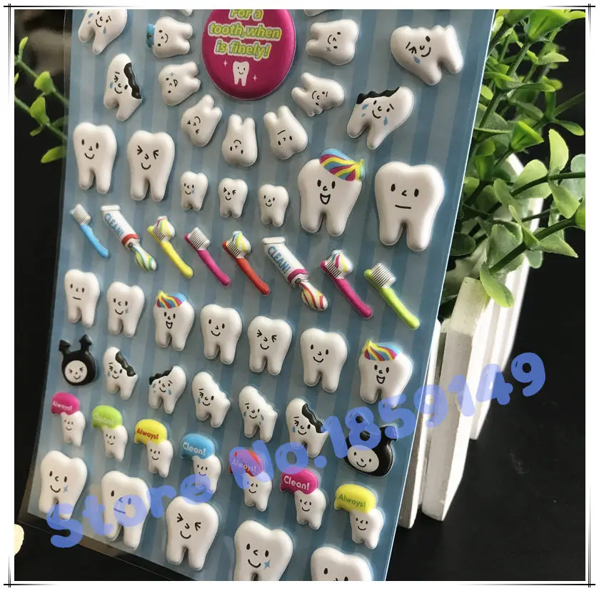 5pcs Dental Cute molar shaped cartoon teeth losing tooth fairy puffy plastic sticker for Dentist dental gift kids scrapbook