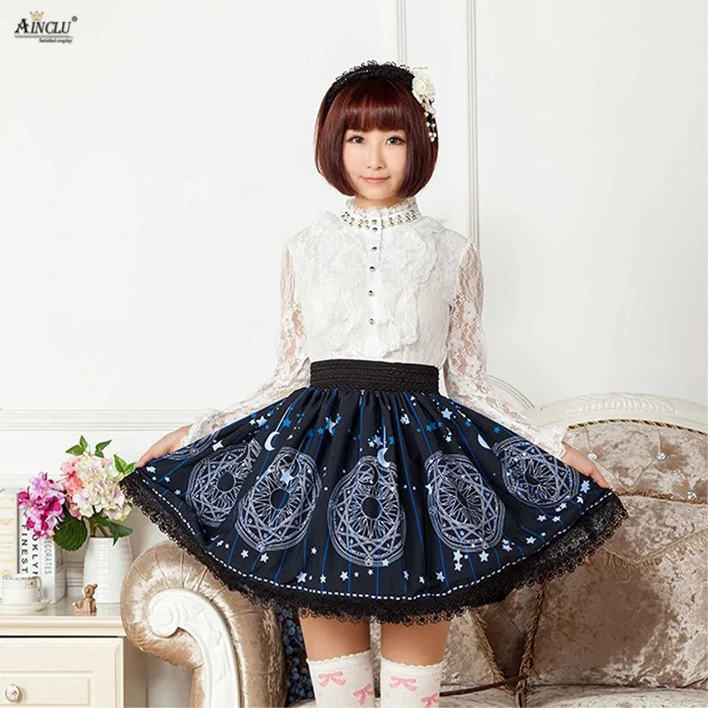 

Exclusive blue Sun Moon Magic Array Printed Womens Polyester Classic Lolita Lady Lace High-waist Vintage Pleated Short Skirts