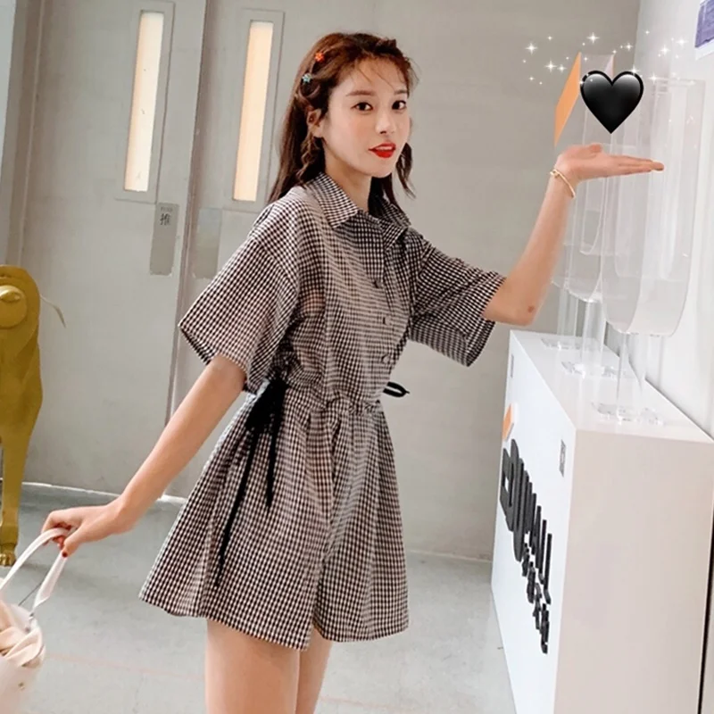 New Chic Plaid Jumpsuit 2019 Summer Short Sleeve Shirt Collar Bloomers Women Dungarees Loose Simple Jumpsuit DD2128