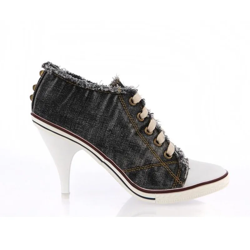 Vintage Design Women Black Denim Pumps Lace Up Thin High Heels Espadrilles Studded Rivets Zapatillas Mujer Plus Size 42 Stiletto