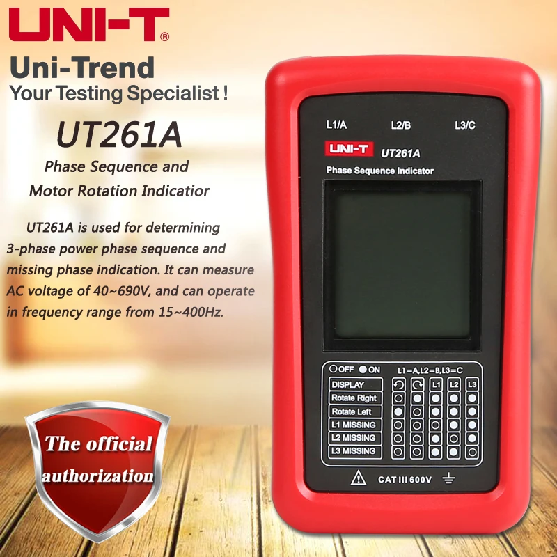 UNI-T UT261A Phase Sequence and Motor Rotation Indicatior; phase sequence indicator, AC 40-690V