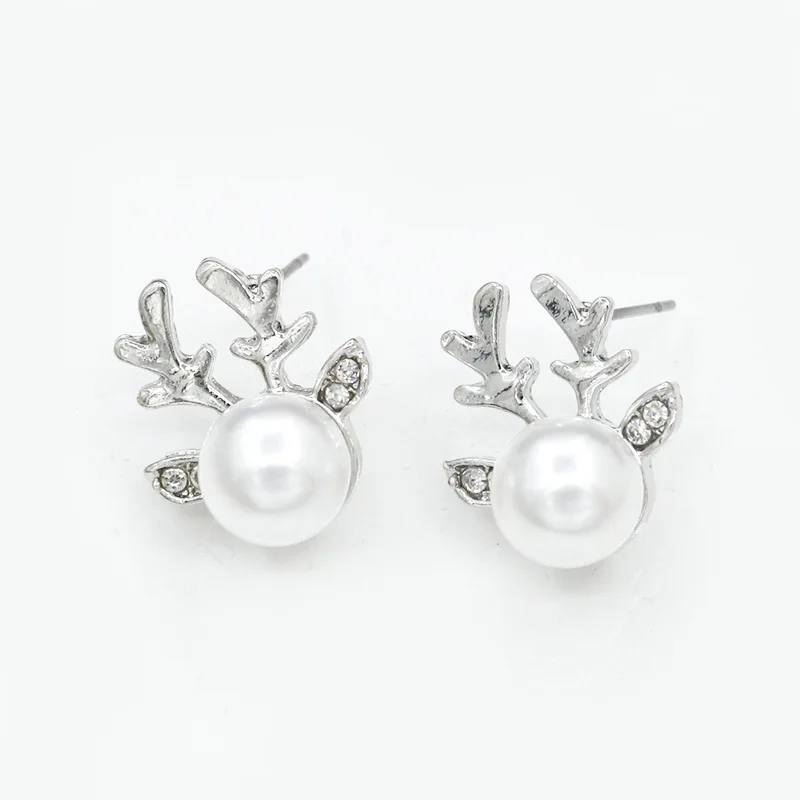 Cute Deer Golden Silver Plated Antlers Big White Round Simulated Pearl Crystal Ear Stud Earrings for Women