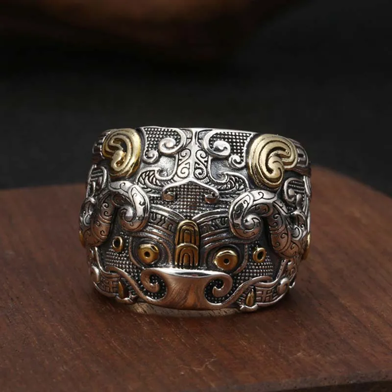 Genuine 925 Sterling Silver Carving Vintage Engrave Ancient Rocker Thai-Silver Jewelry Men Finger Ring Selfdom Adjustable Size