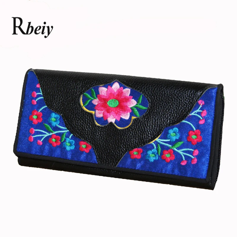 

Fashion women Genuine leather wallet vintage embroidered wallets Black Leather colorful woman wallet