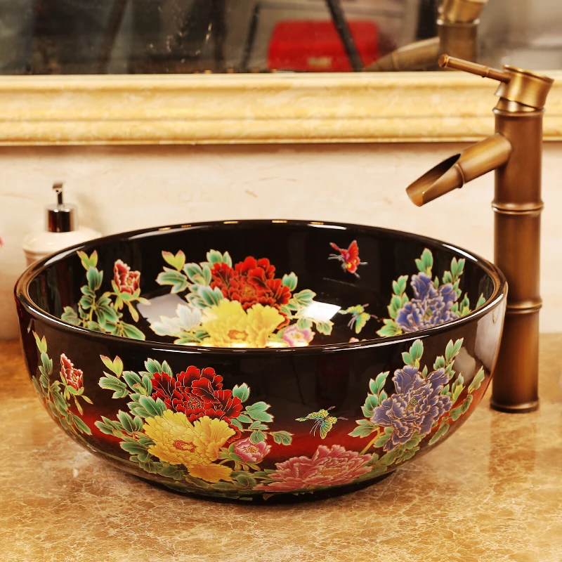 

China Artistic Black Glazed Flowers Porcelain Art Bathroom Sink Lavabo Washbasin Sink counter top countertop washbasin