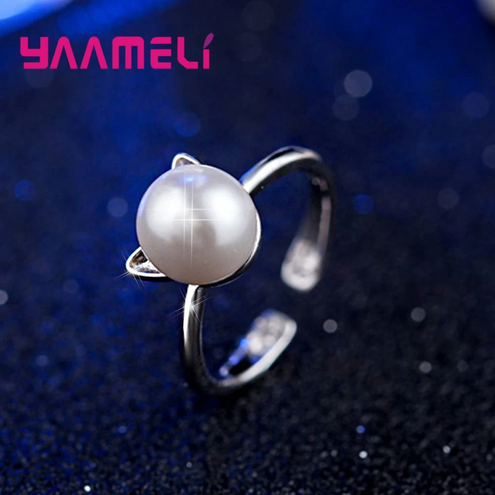 High Quality Cute Romantic Cat Ears Shape Opening Finger Rings White Pearl 925 Sterling Silver Women Girls Present