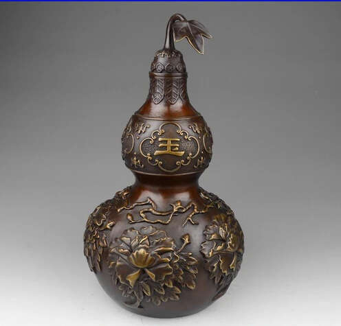 China Folk Bronze Copper Fengshui Auspicious Wealth Calabash Bottle Gourd Statue