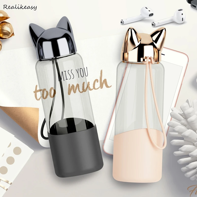 2021 Cute Cat Ear Durable Glass Water Bottles practical Coffee Milk Juice Kettle Creative Home Office Student Drinkware C670