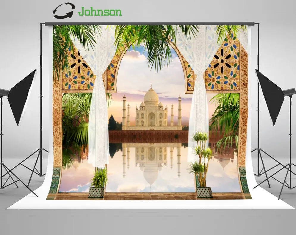 Taj Mahal Palace Tulle Curtain Leaves River Out Patio background polyester or Vinyl cloth Computer print wedding backdrops