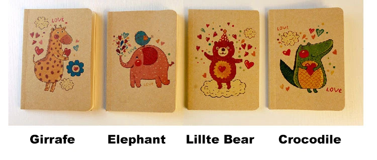 

4 PC/LOT Cute Pretty funny 80-page Cartoon-Imaged Pocket Kraft-Cover Notebook, Giraffe & Elephant & Bear & crocodile,BJB00003