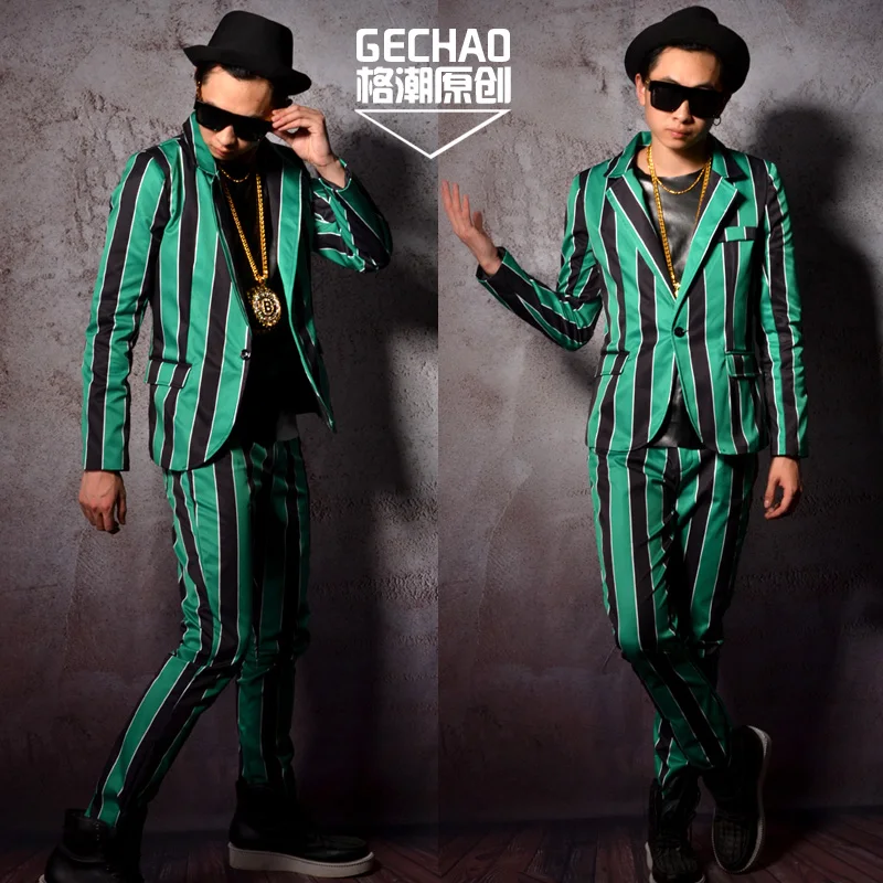 

Men's Bar Slim Green Black Striped Blazers Coat Plus Size Jacket Hair Stylist Male Singer Casual Slim Suit Clothing Costumes New