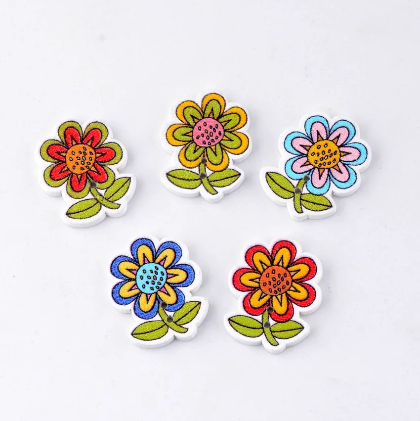 Retail For Diy 10pcs Mixed Flowers 2 Holes Pattern Wood Sewing Buttons Scrapbooking 20mm x25mm F0088