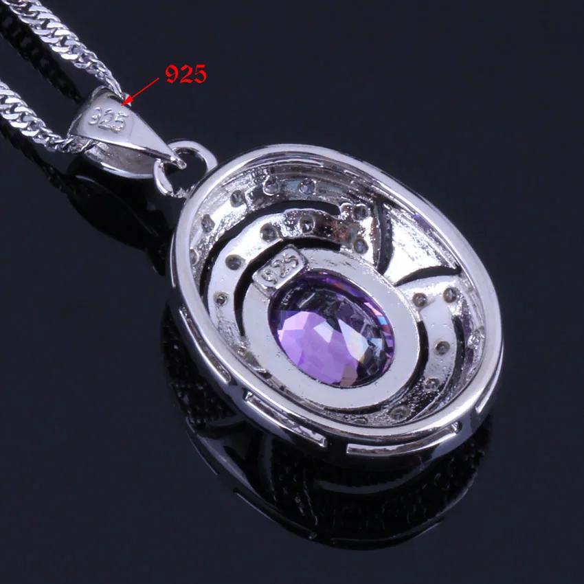 Gallant Oval Egg Purple Cubic Zirconia White CZ Silver Plated Jewelry Sets Earrings Pendant Chain Ring V0273