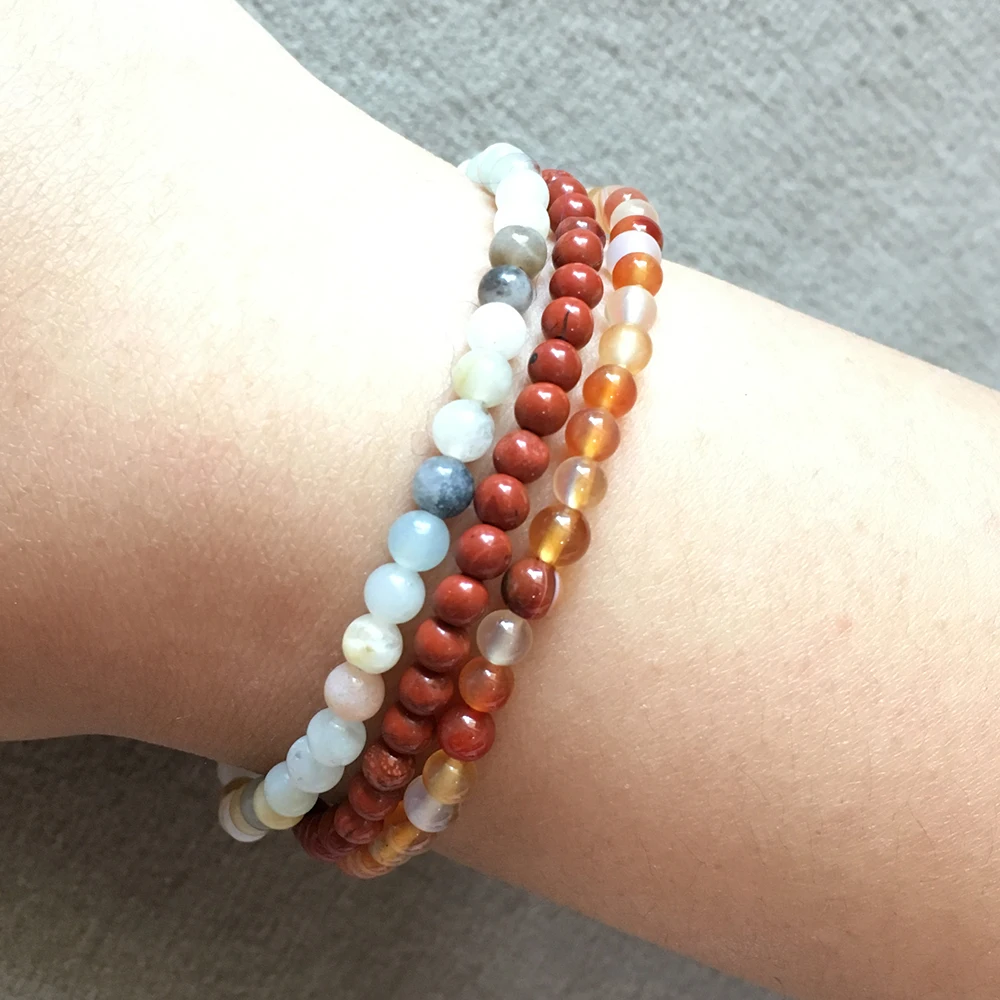 Ruberthen 4 mm Natural Pink Agate Bracelet Set Trendy Mini Gemstone Energy Bracelet Amazonite Red Stone Energy Yoga Bracelet