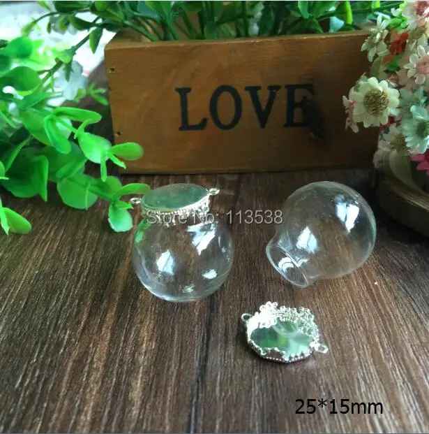 

Free ship!! 20sets/lot silver color 25*15mm glass globe & crown base set glass globe set glass vial pendant glass cover