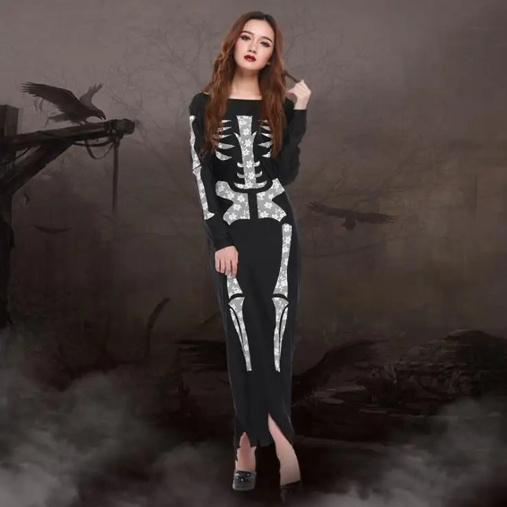 

Womens Halloween Skull Skeleton Bones Zip Back Bodycon Jumpsuit Costume M,XL