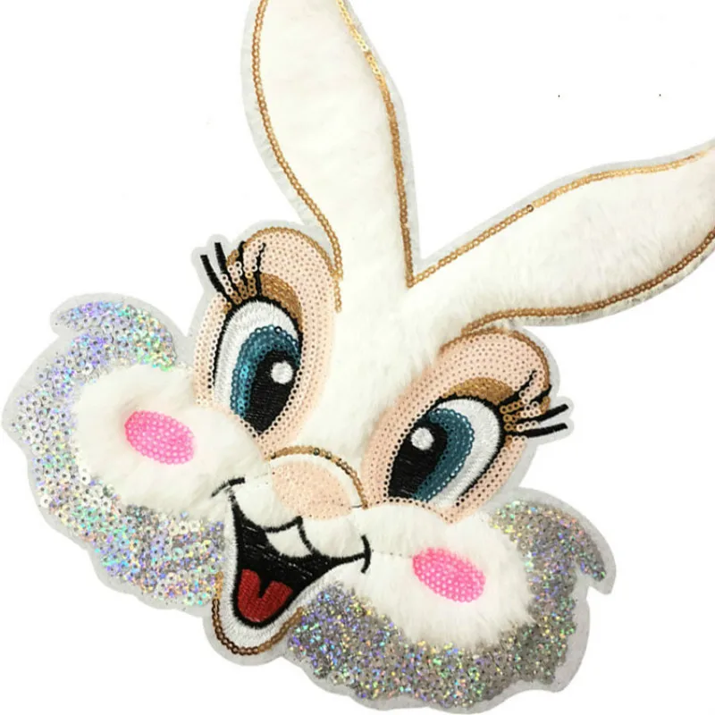 Plush Rabbit Large Patches Sew on Clothes Stickers Embroidery Animal Appliques Sequins Patch for Jacket Clothing DIY Accessories